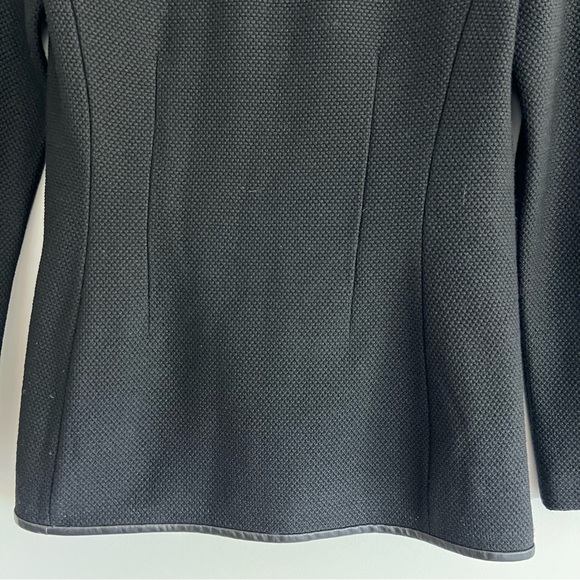 ST. JOHN Black Wool Blend Leather Trim Waist Tie Long Sleeve Jacket Blazer Sz 2 - Picture 8 of 16